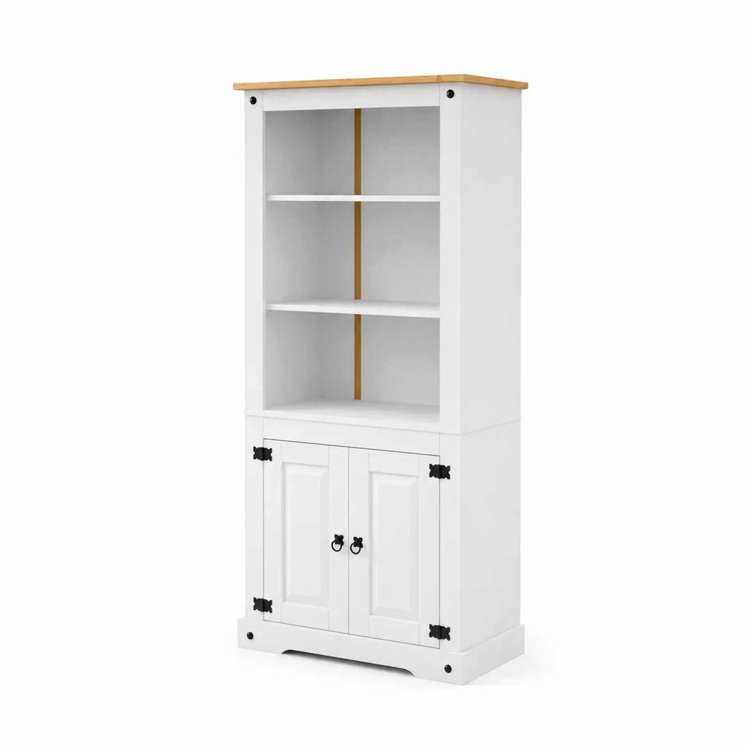 Wooden Bookcase with Shelves and White/Natural Doors