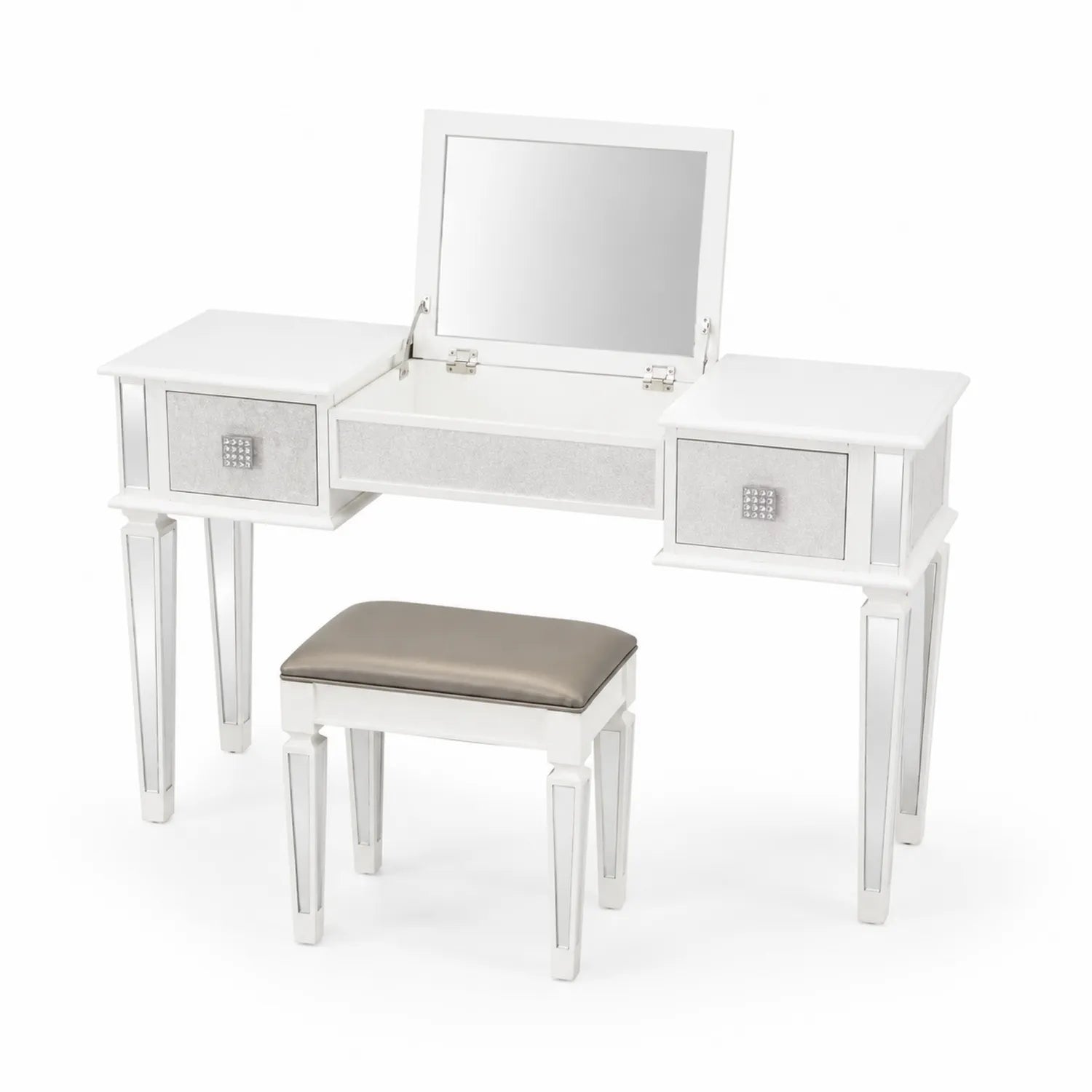 Wooden dressing table with mirror and upholstered stool