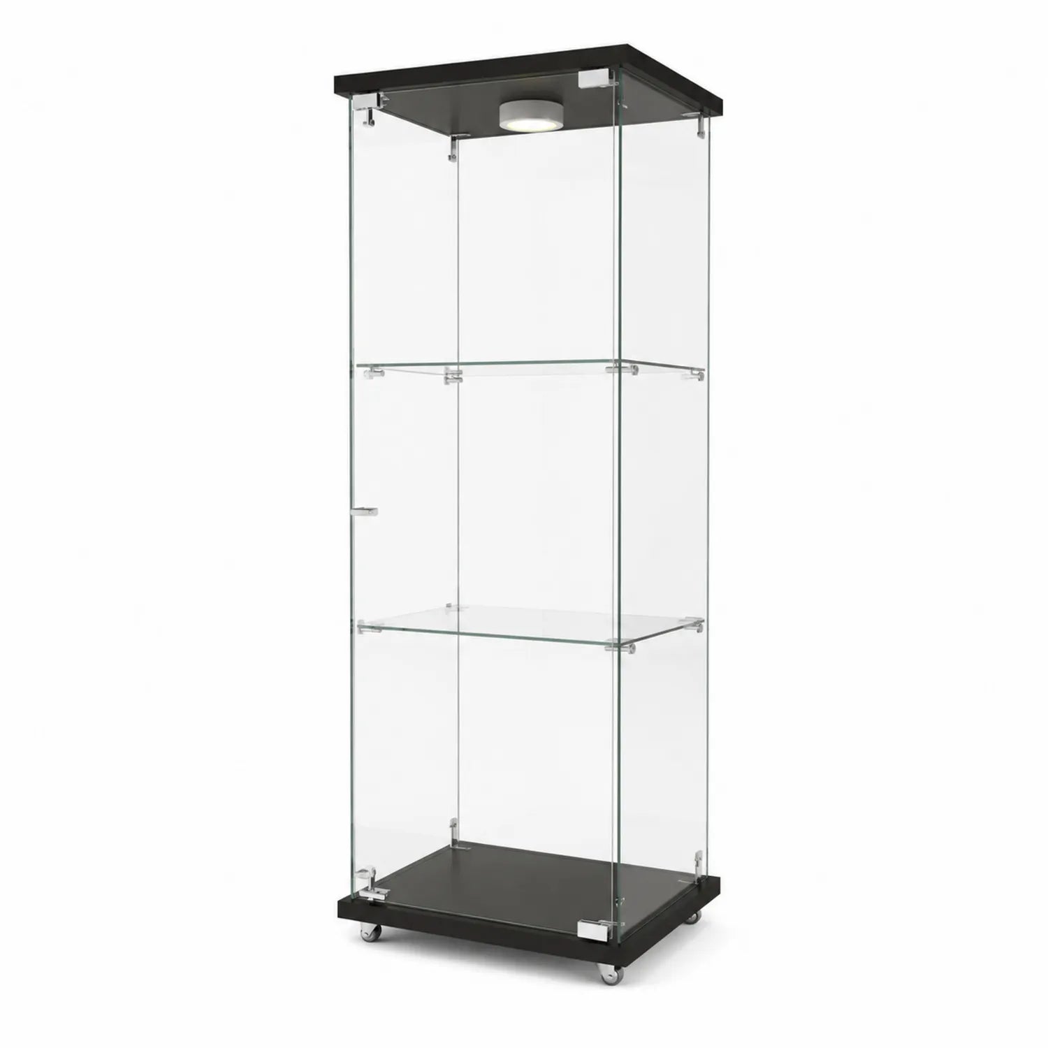 Tempered glass display cabinet with LED lighting and wheels