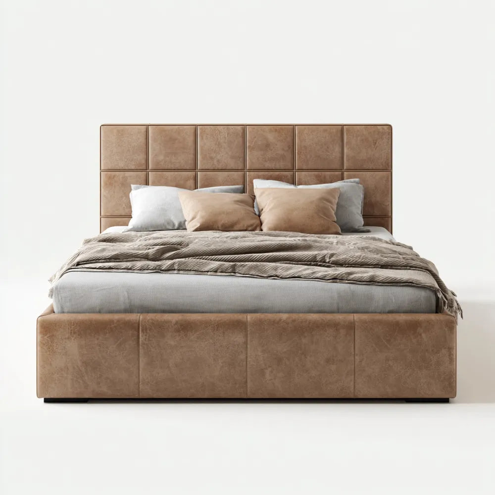 Double Bed - Faux Leather Upholstery 200x140x100 cm - Brown - Modern Design