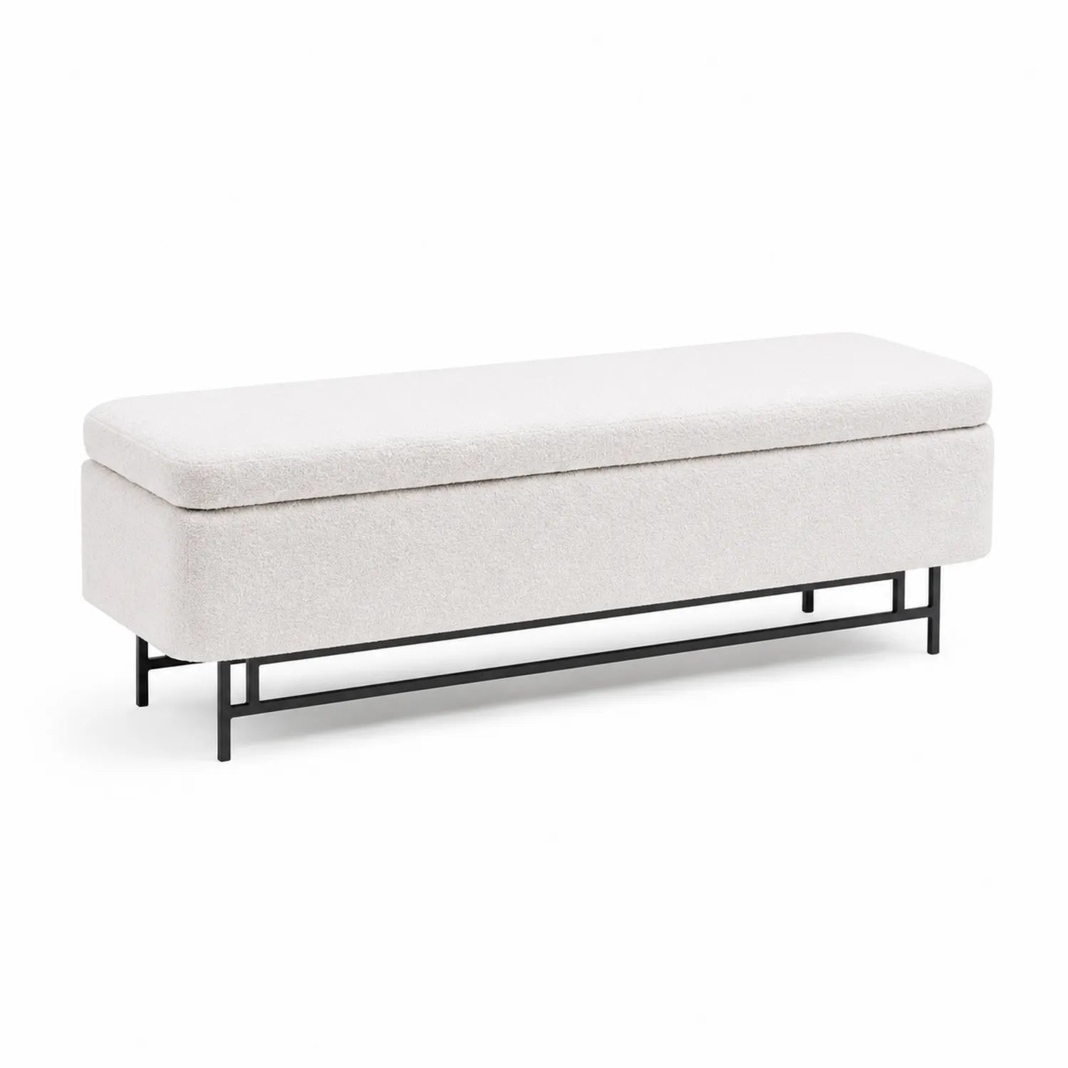 Bench with Storage Compartment in White Bouclé Fabric