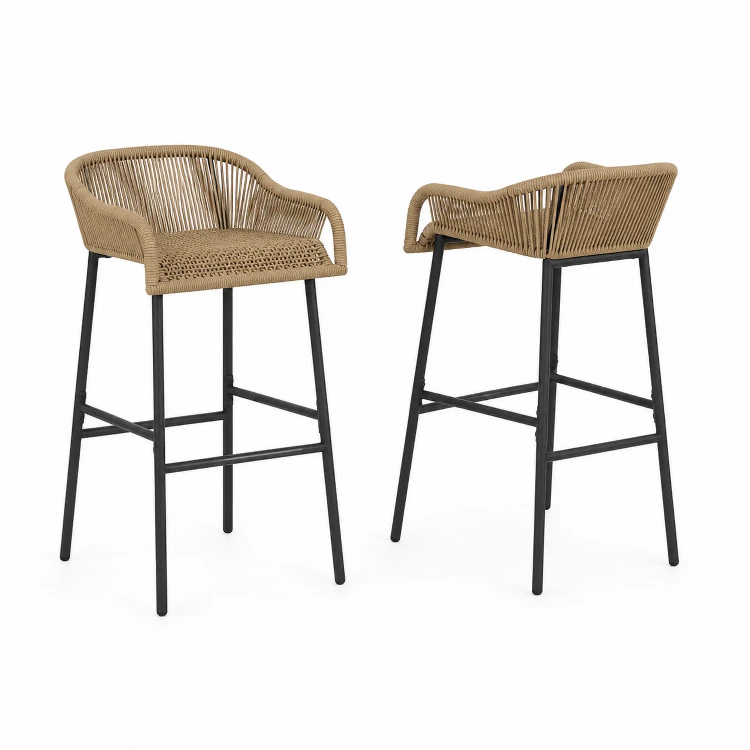 Set of 2 Bar Stools in Synthetic Rattan with Metal Frame