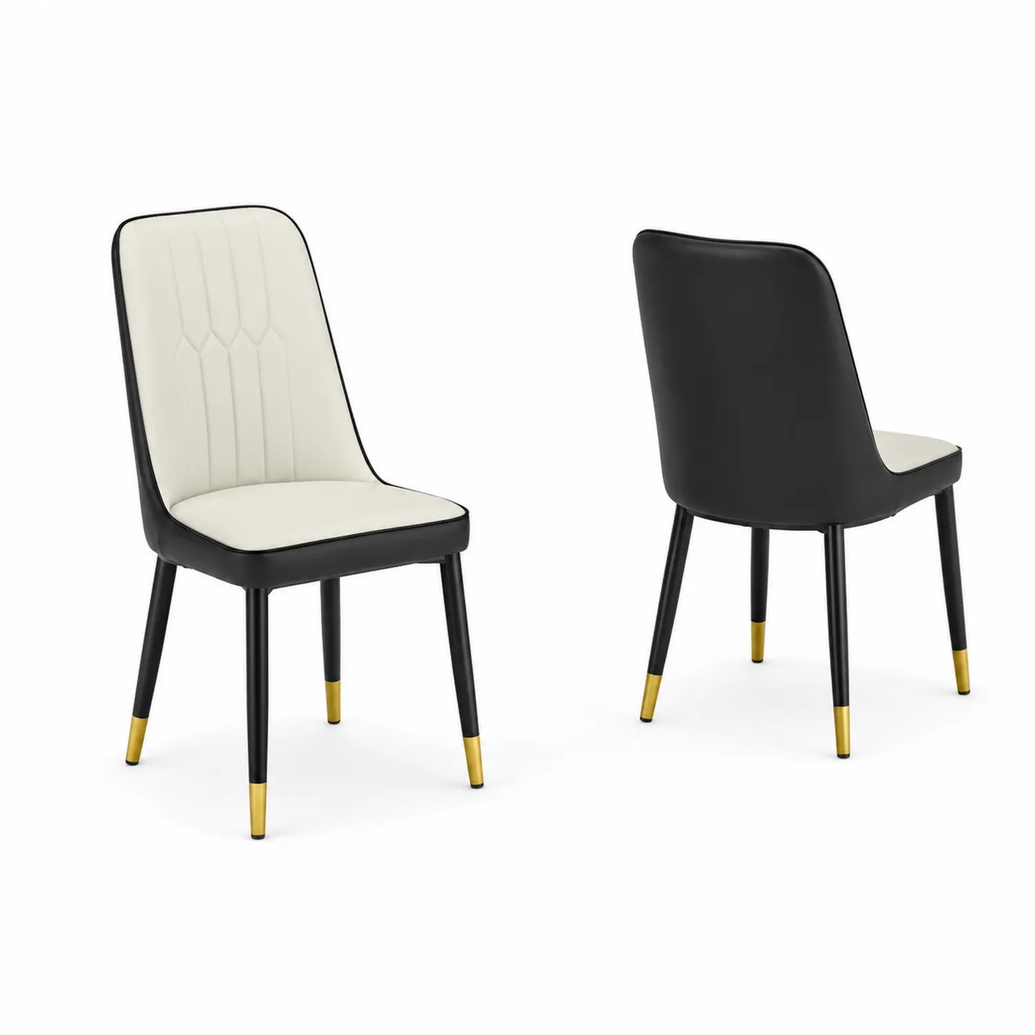 Black and white faux leather dining chair with golden metal legs