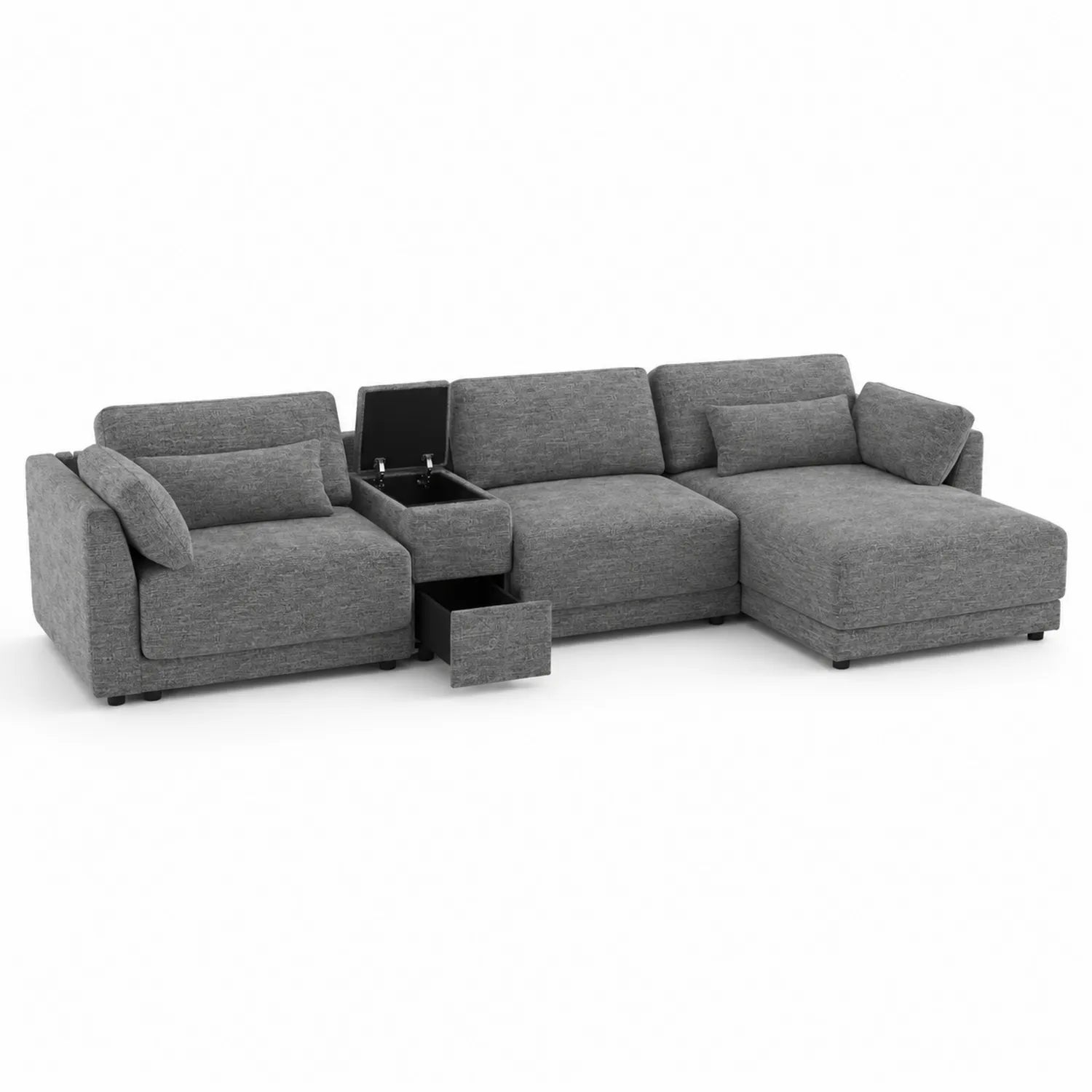 Divano Angolare in Tessuto Grigio con Contenitore