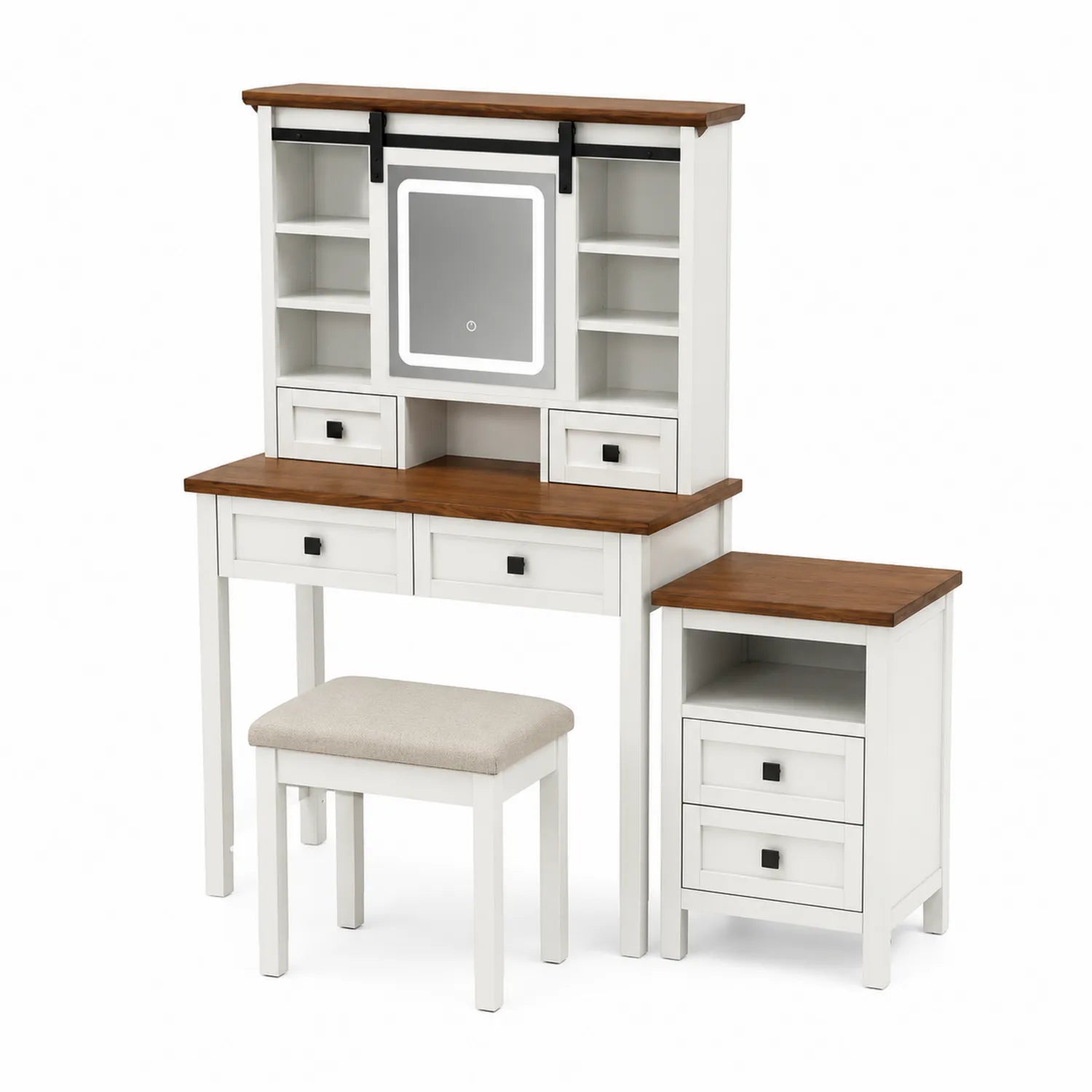 Vanity Table with LED Mirror, Multiple Drawers, Wood and MDF Frame, White and Natural