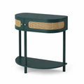 Consolle Semicircolare in Legno e Rattan, Verde 75x80x35 cm