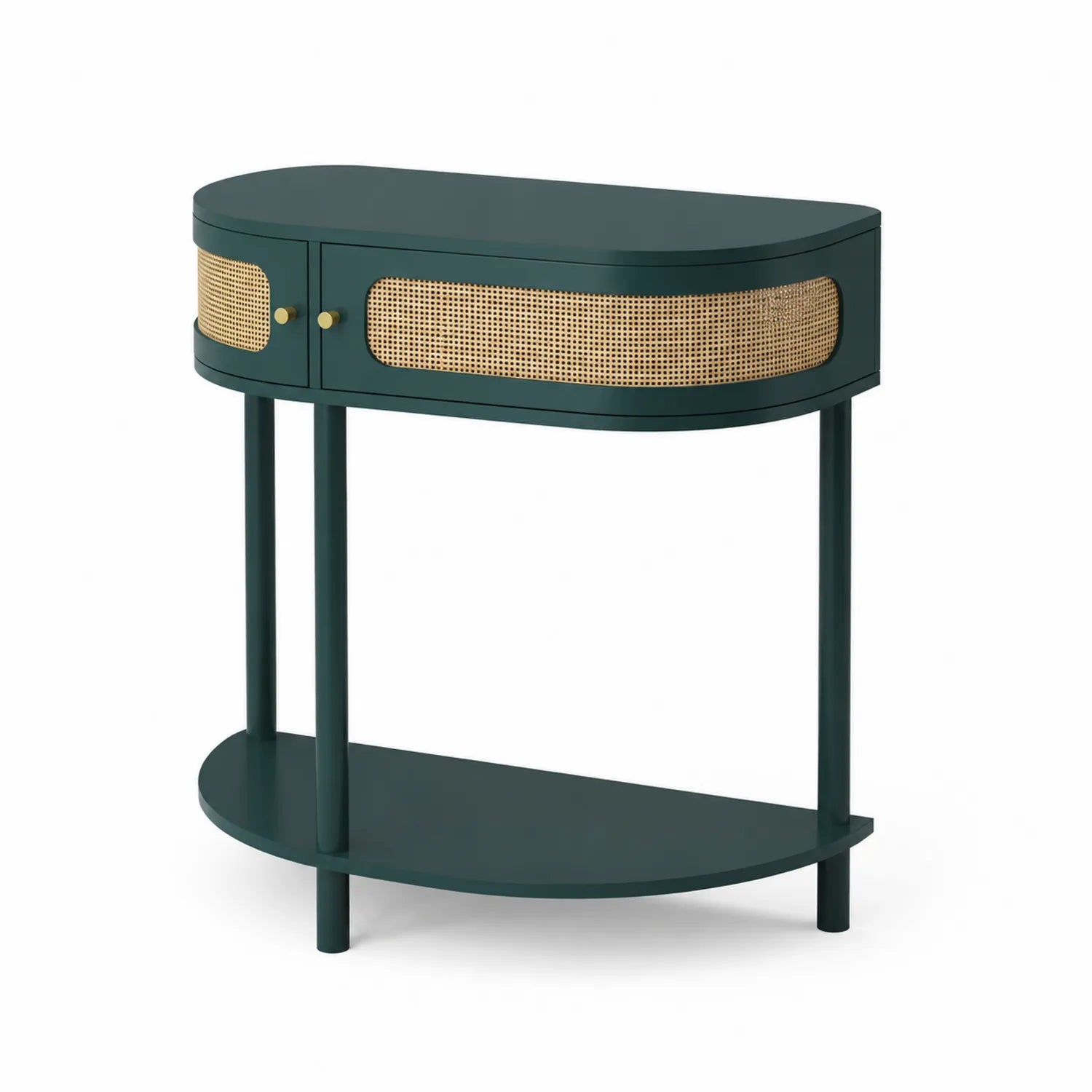 Consolle Semicircolare in Legno e Rattan, Verde 75x80x35 cm