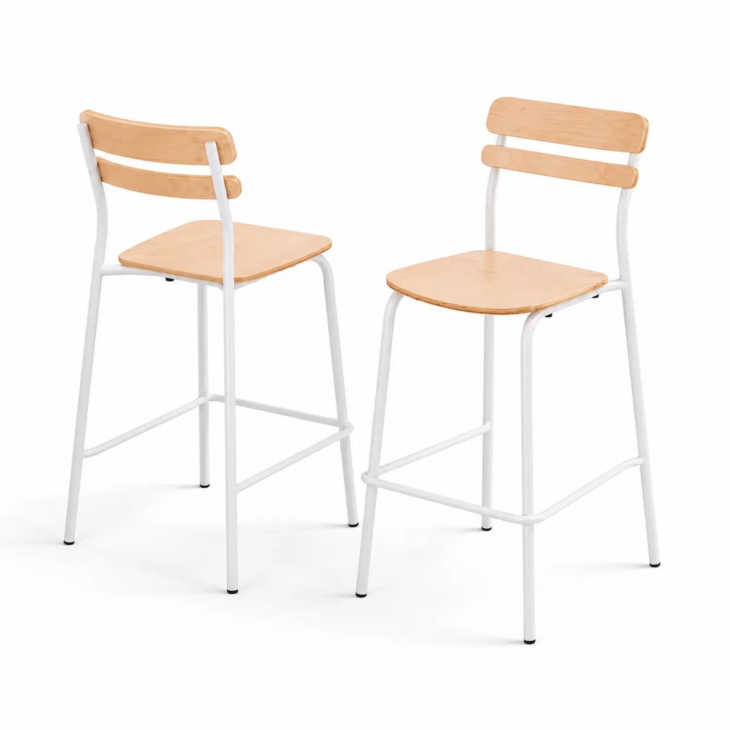 Set of 2 white metal and wooden bar stools, H 100 cm