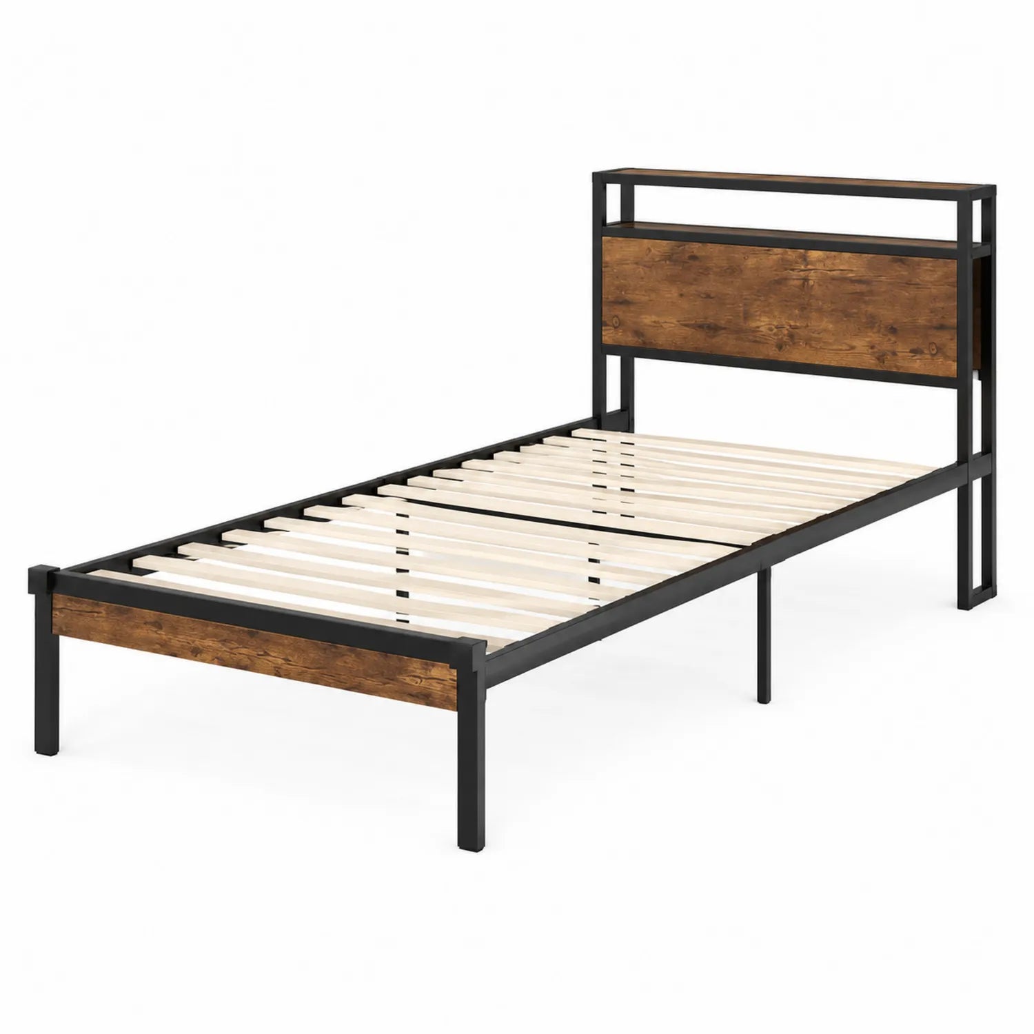 Single metal and solid wood bed 200x90 cm Black/Brown