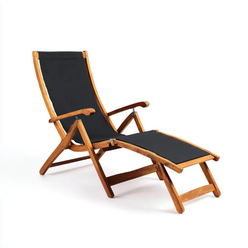 Patio Recliner 90x60x145 cm Acacia Wood Frame with Black Fabric – Adjustable Outdoor Lounger