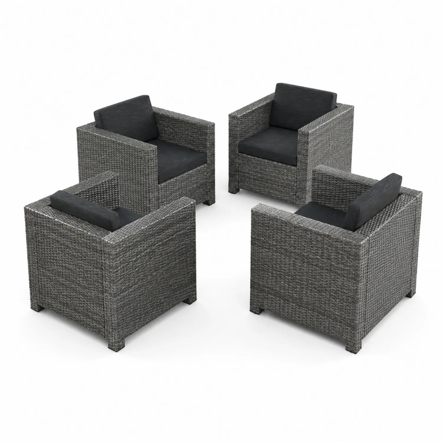 Set of 4 Grey Synthetic Rattan Outdoor Armchairs with Black Cushions