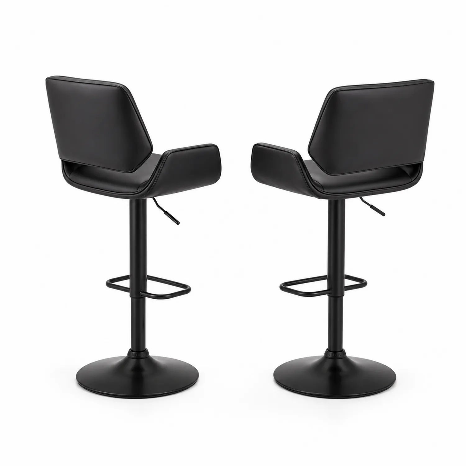 Set of 2 black leather and metal bar stools