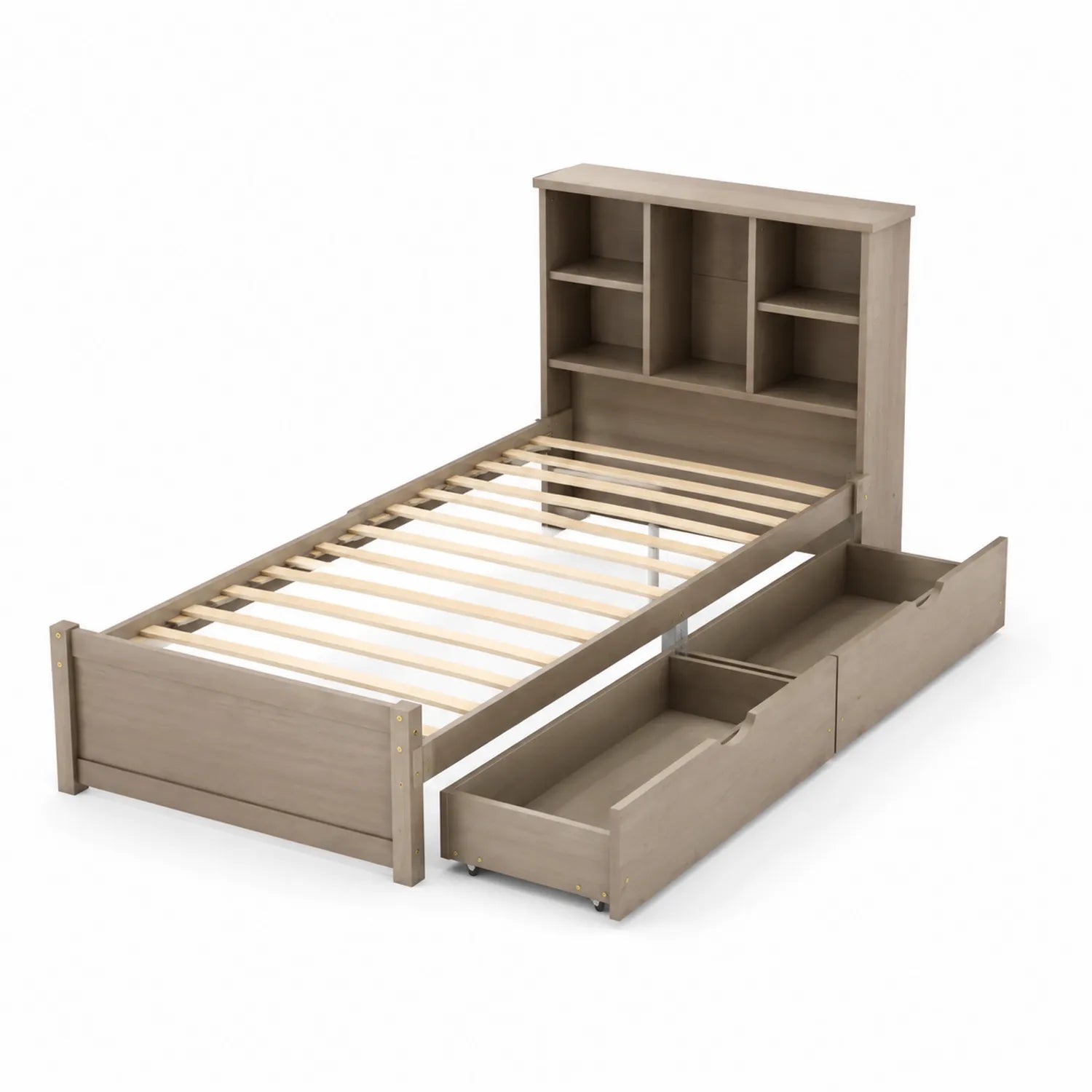 Letto singolo in legno con cassetti e libreria integrata