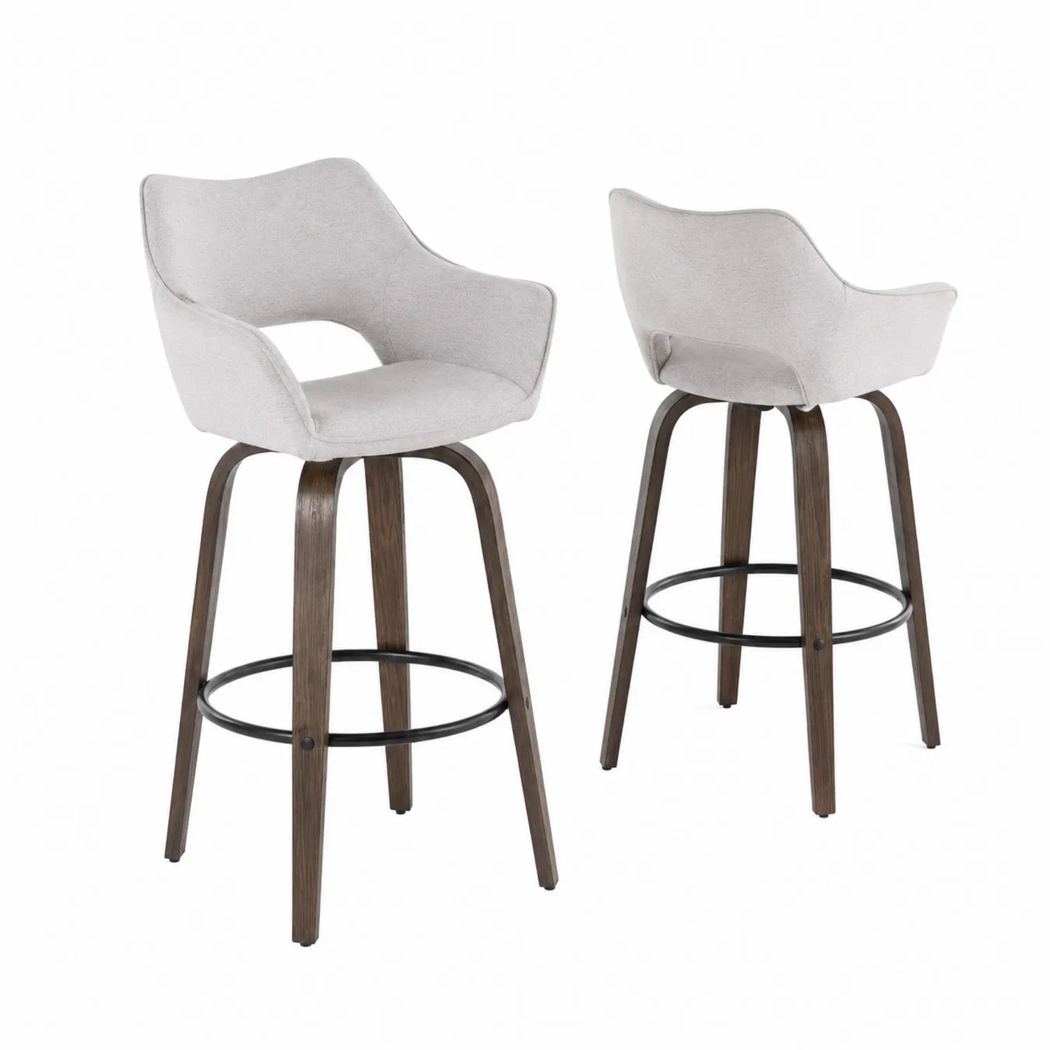 Set of 2 gray fabric bar stools with bentwood base