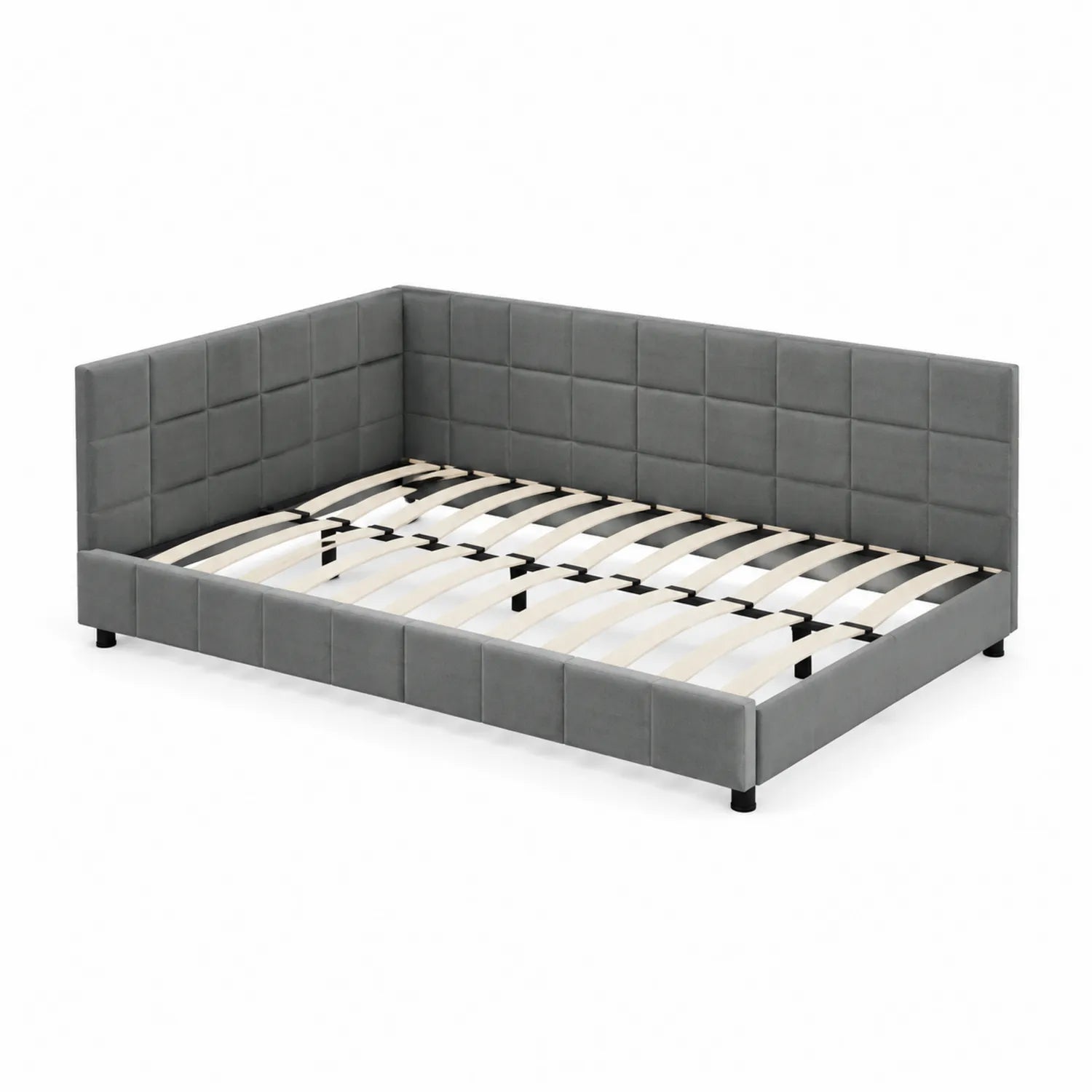 Letto angolare in legno rivestito in velluto grigio 200x140 cm
