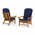 Set of two wooden garden chairs with blue cushions