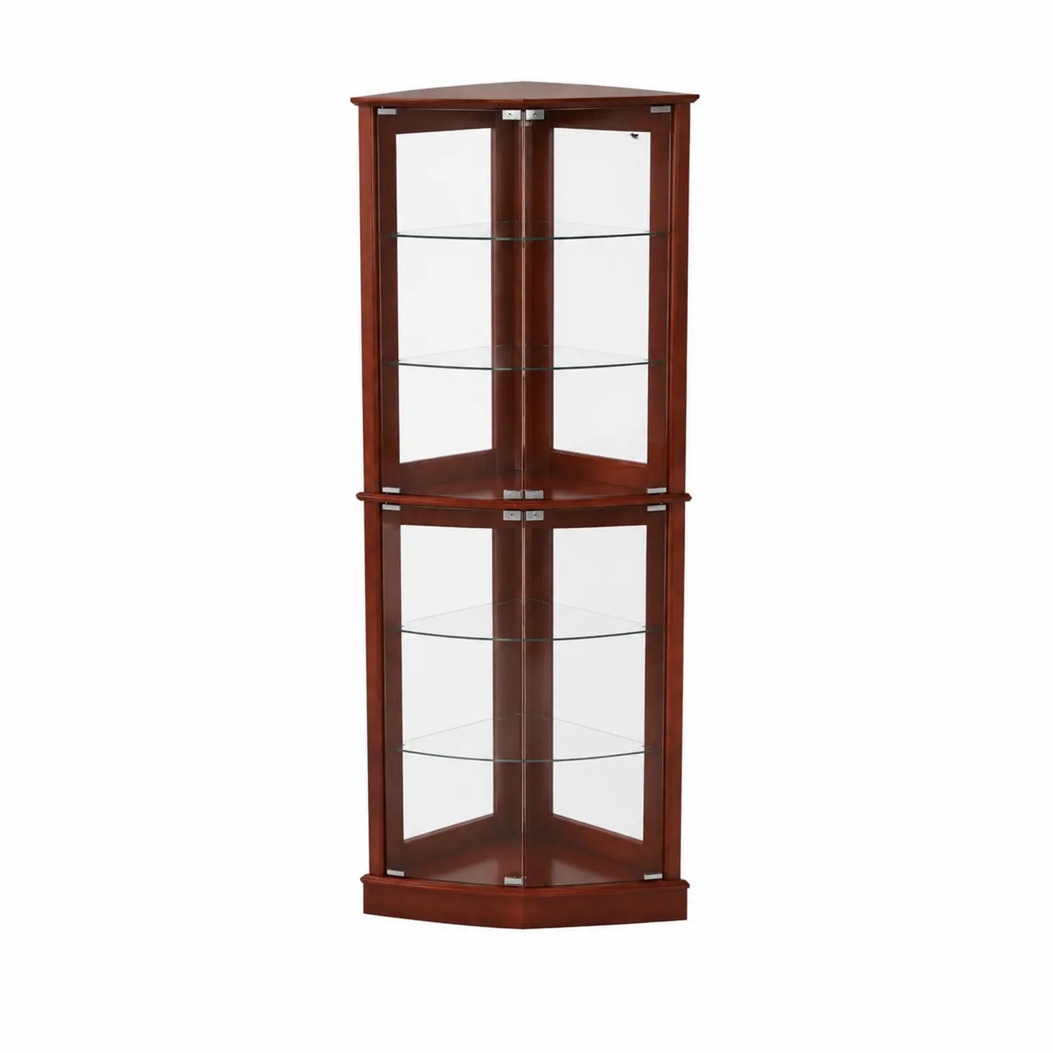 Brown wood and glass corner display cabinet