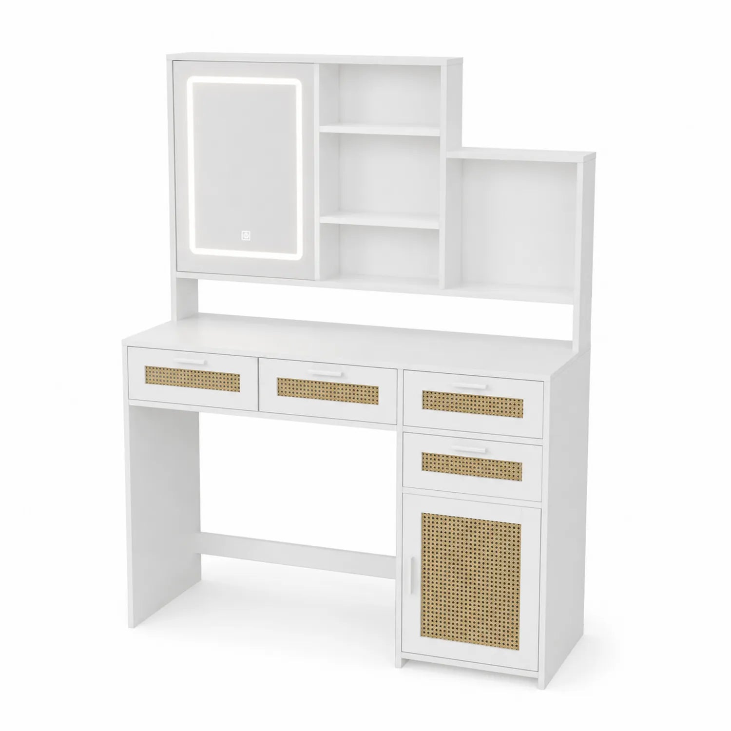 White MDF Wooden Dressing Table with LED Mirror and Rattan Drawers