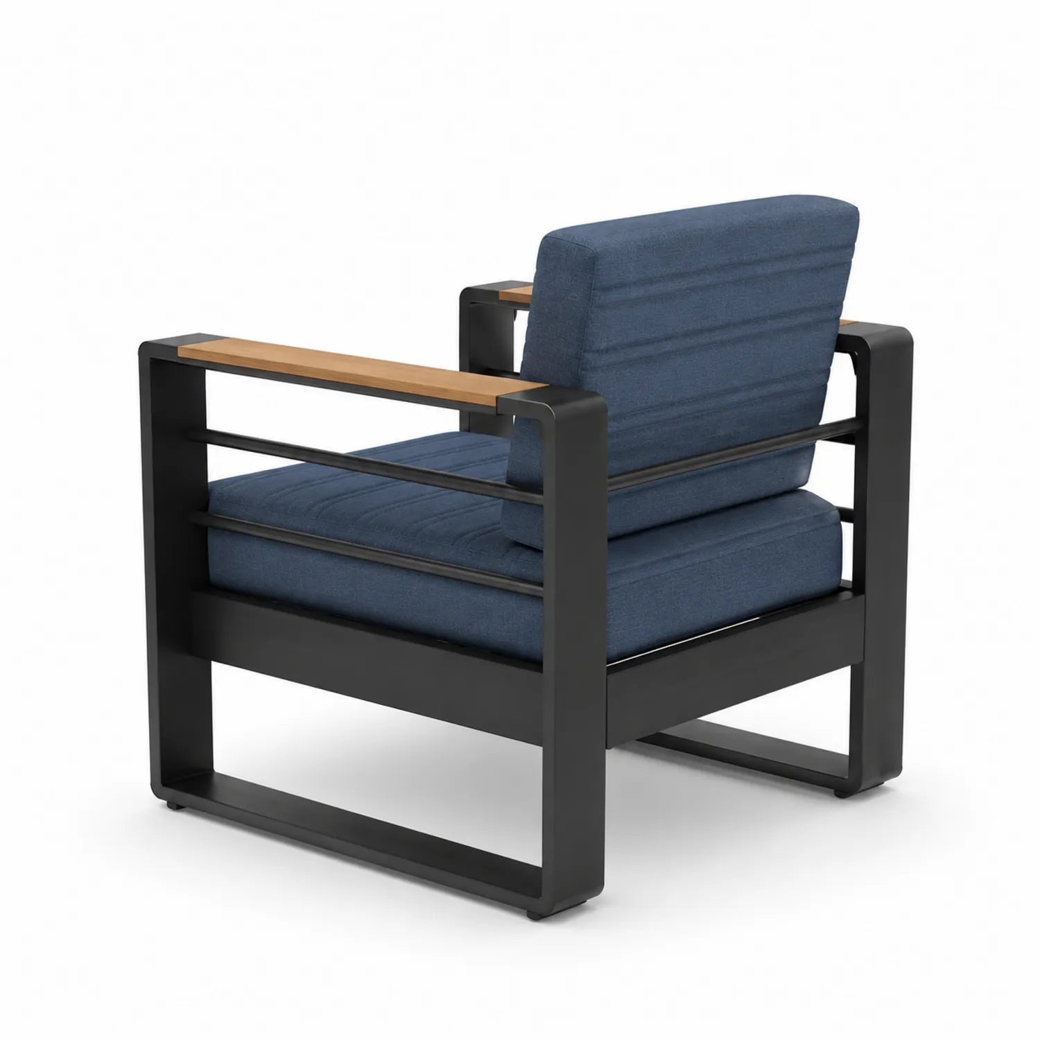 Poltrona in Metallo Nero con Braccioli in Legno e Cuscini Blu