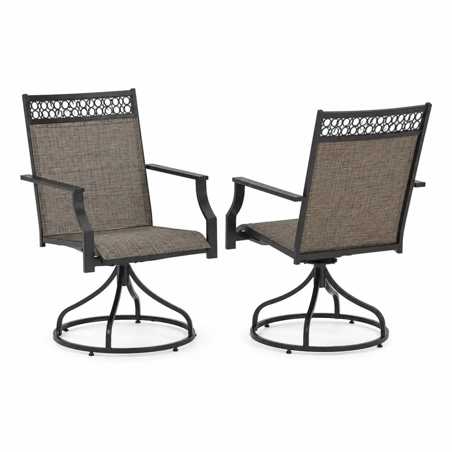 Brown metal and fabric outdoor swivel chairs set