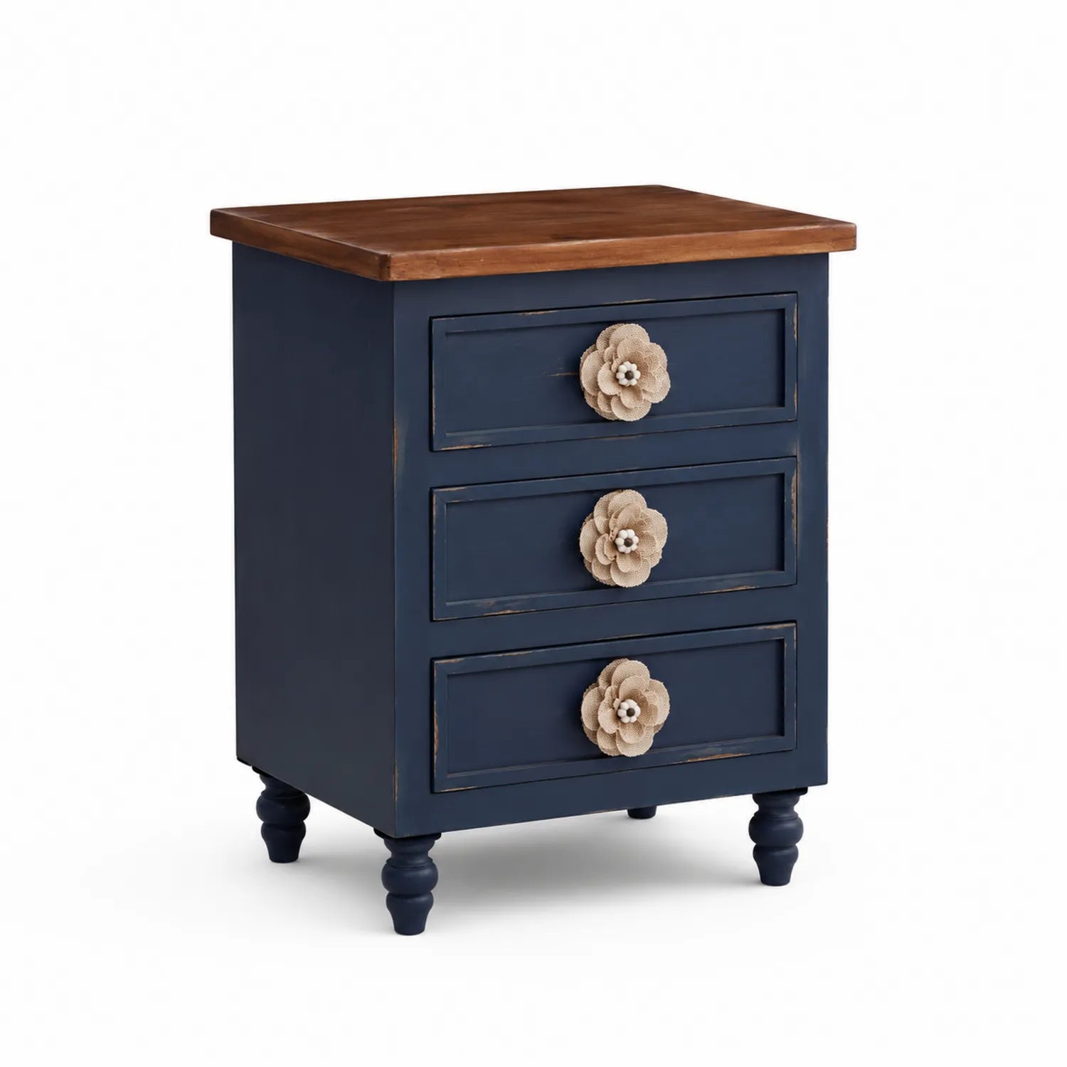 Dark wood nightstand with drawers and floral knobs