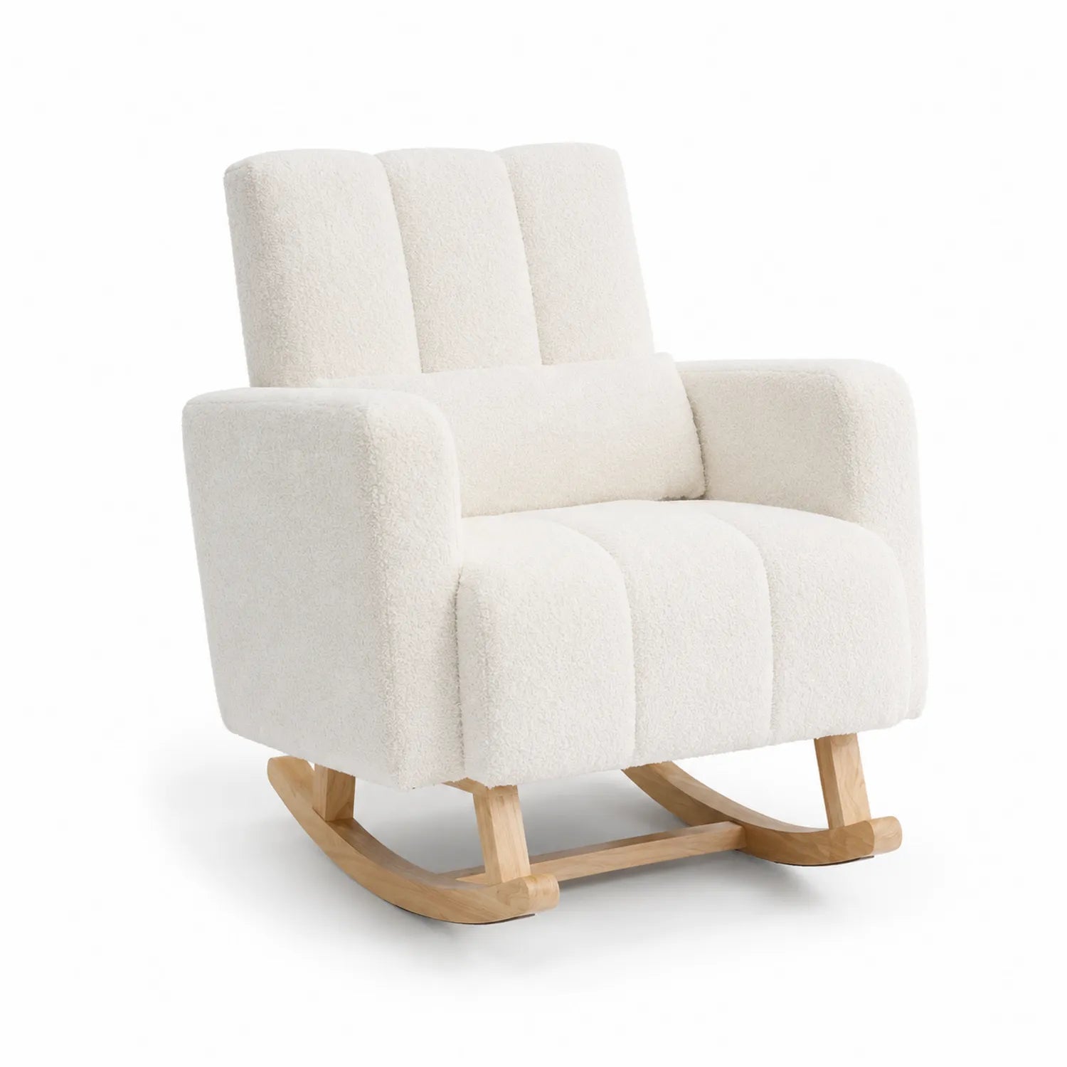 Poltrona a dondolo in bouclé con base in legno, Bianco