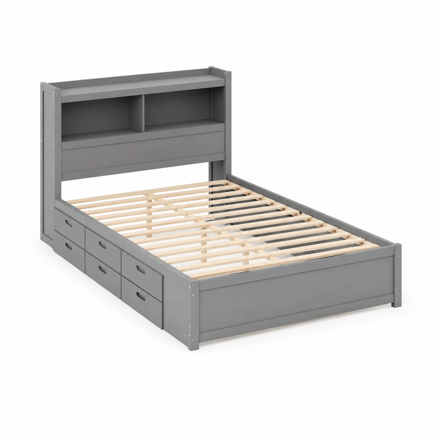 Double Wooden Bed with Bookshelf and Drawers Grey 200x160 cm