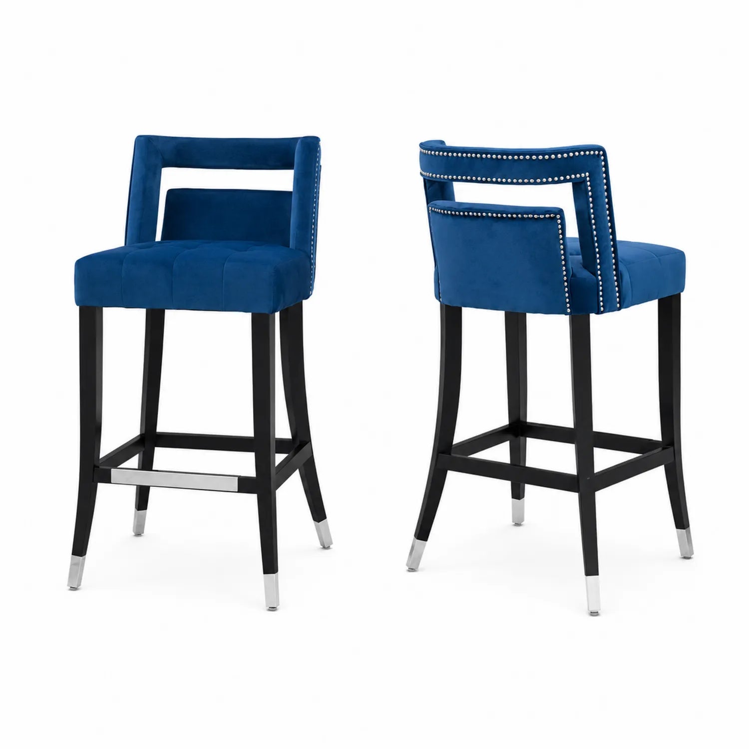 Blue velvet bar stool with wood and metal frame