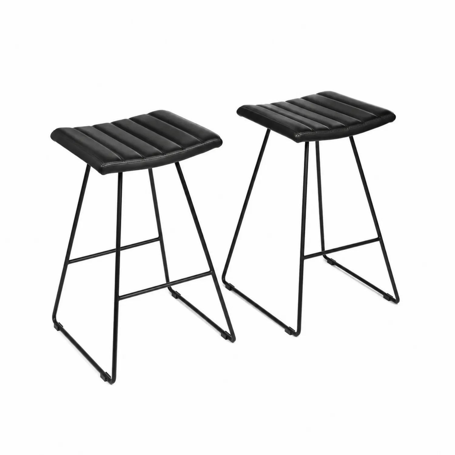 Set of 2 metal and black leather bar stools