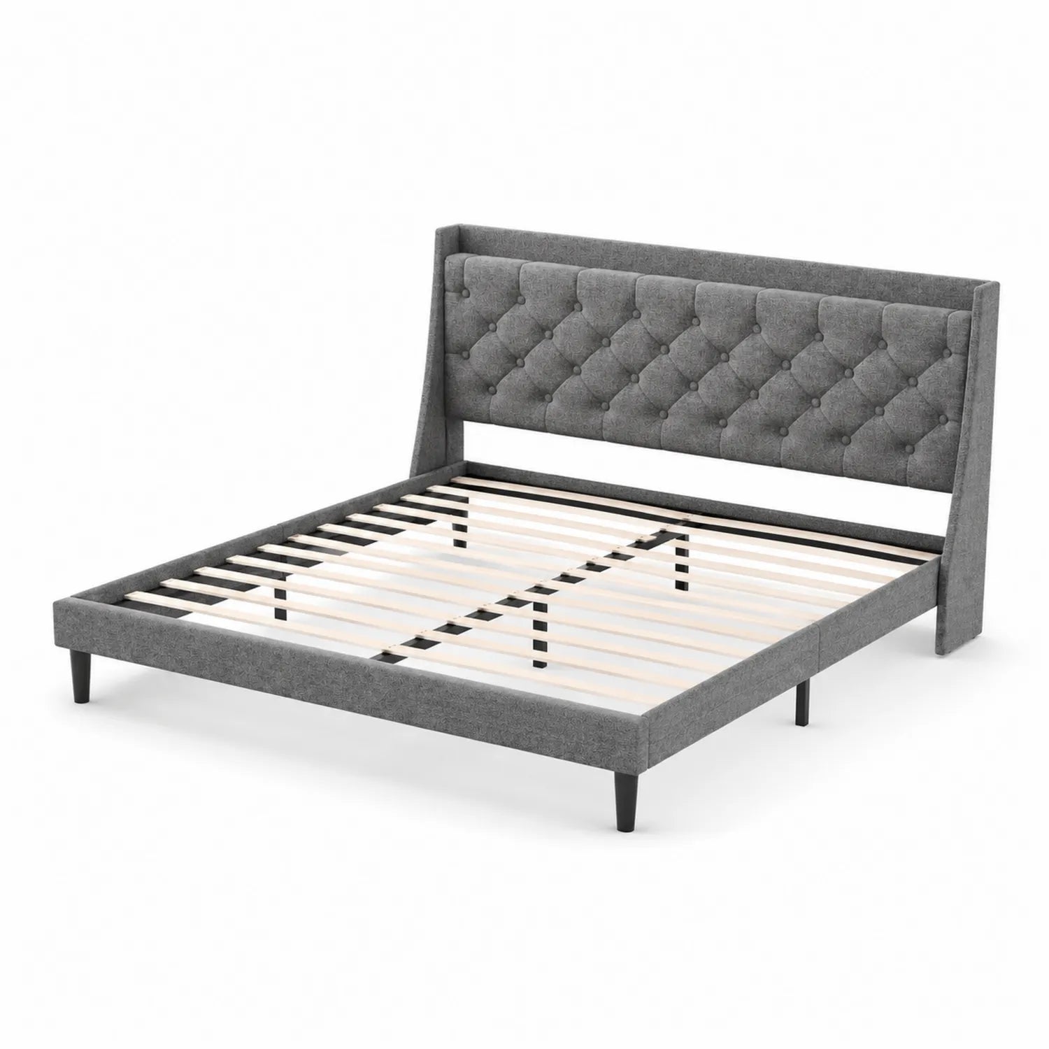 Gray fabric double bed with upholstered headboard