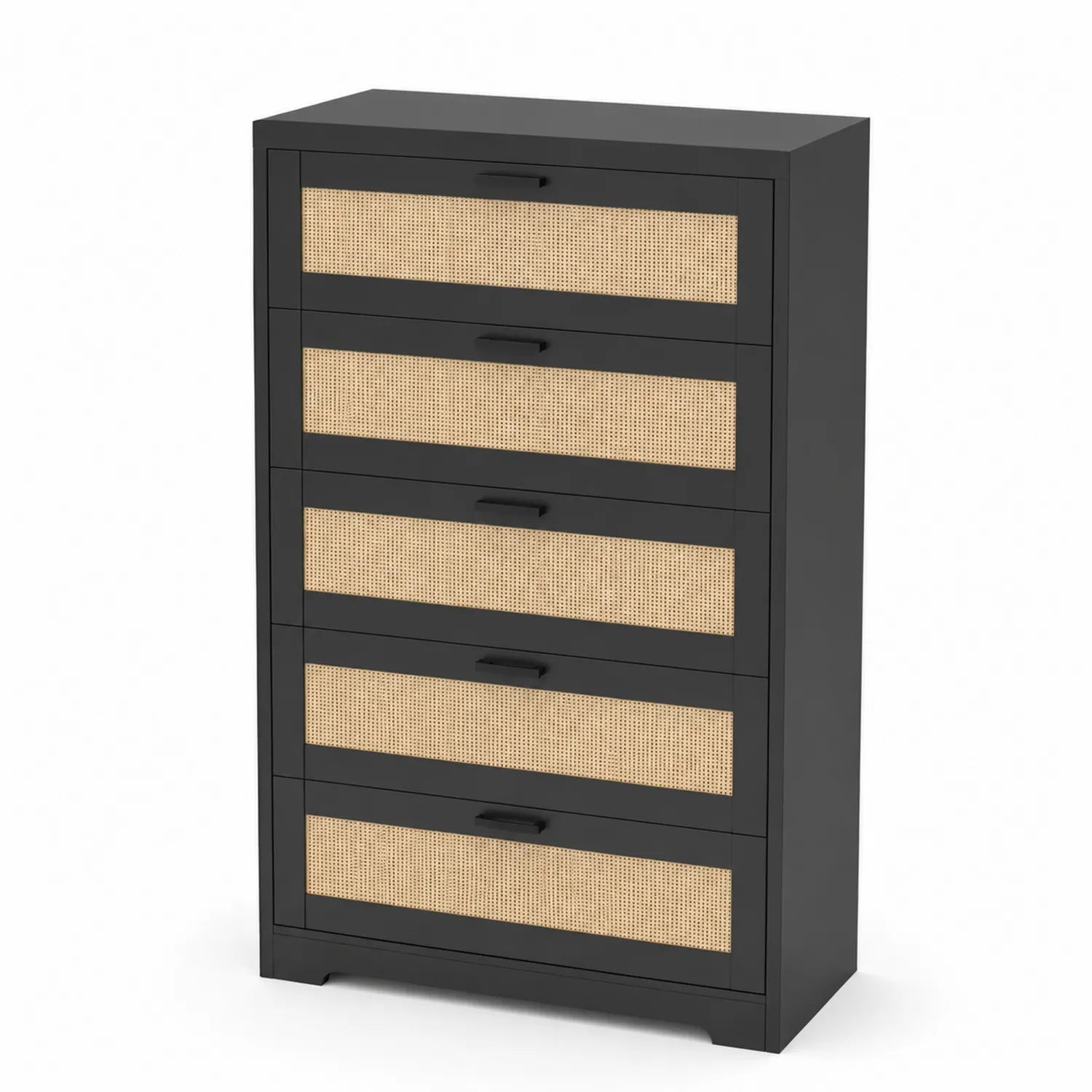 Five-drawer chest of drawers in natural black wood and rattan