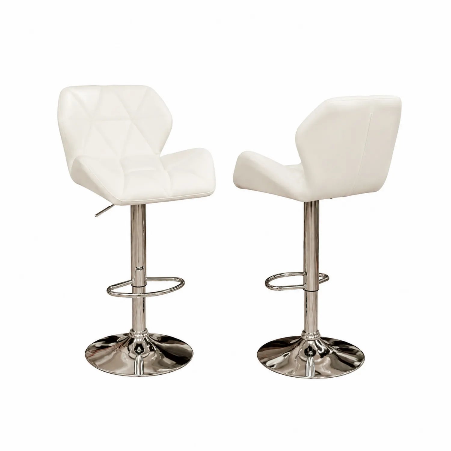 White faux leather bar stools with chrome-plated metal base