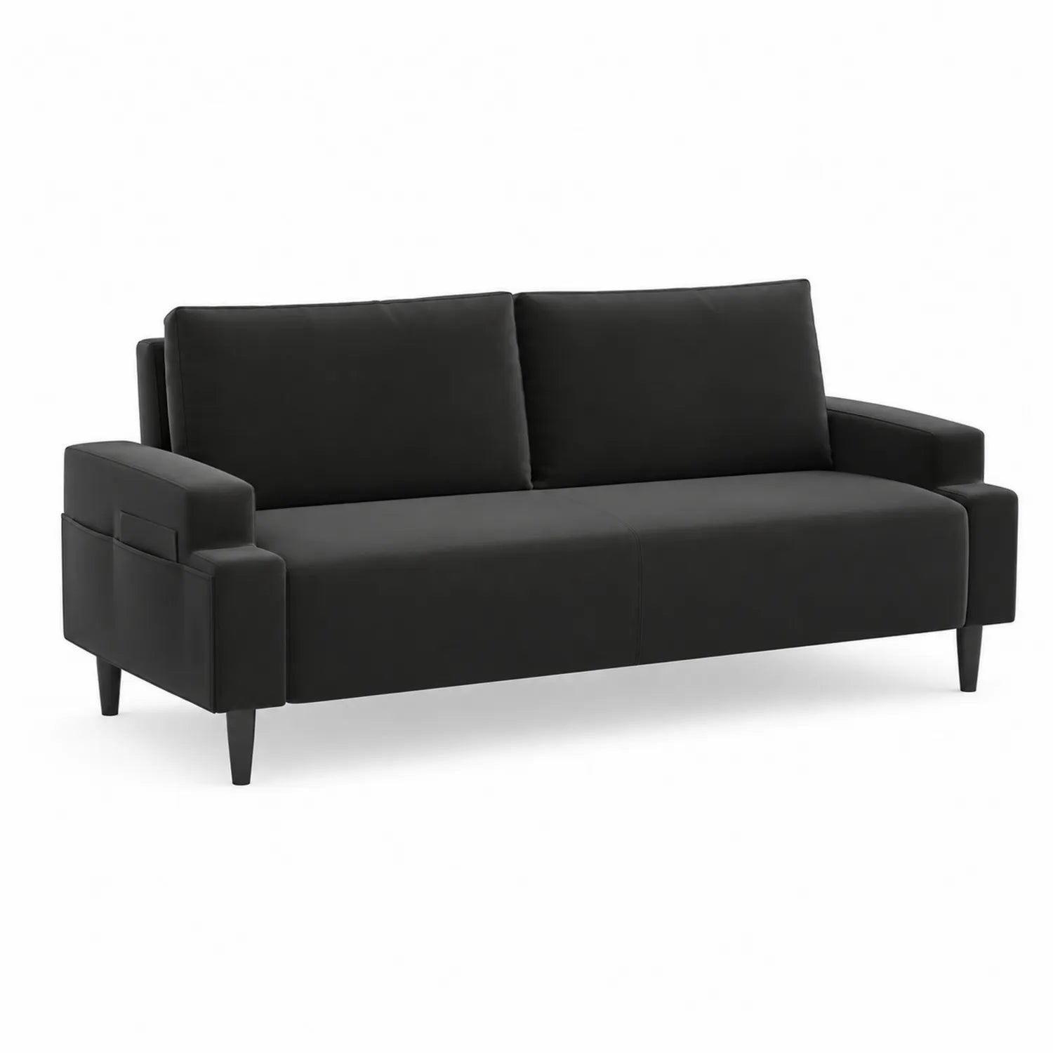 Three-seater sofa in black faux leather with wooden armrests and legs