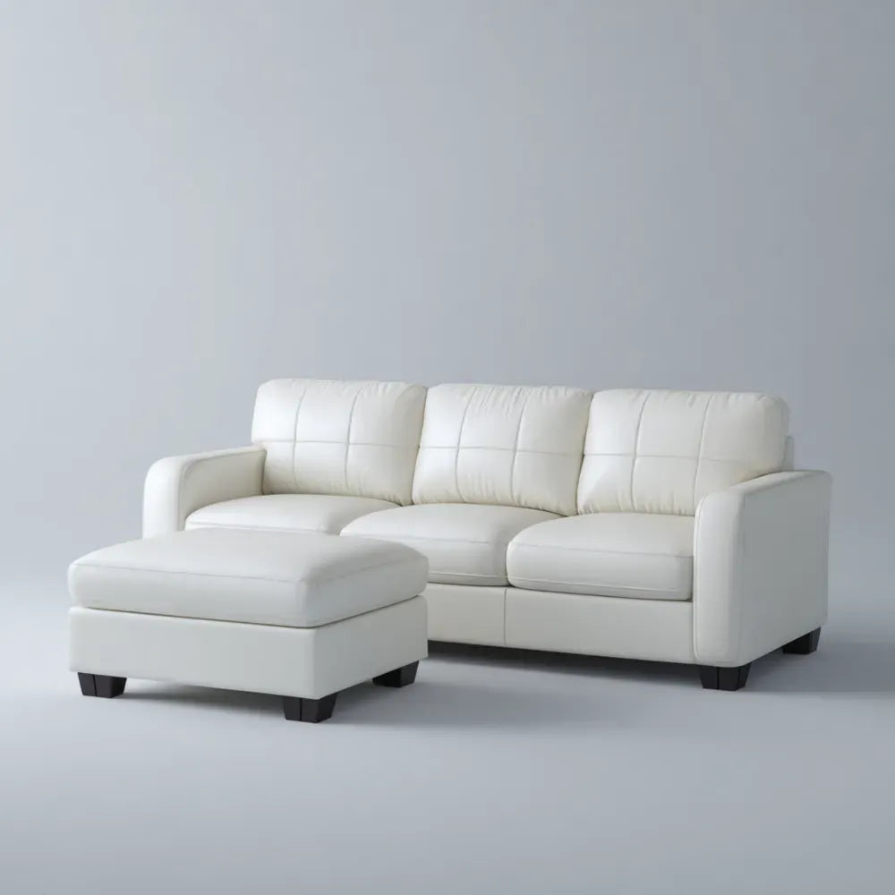 Sofa Set Faux Leather 200x90x85 cm with Ottoman 70x70x45 cm - White - Contemporary Design