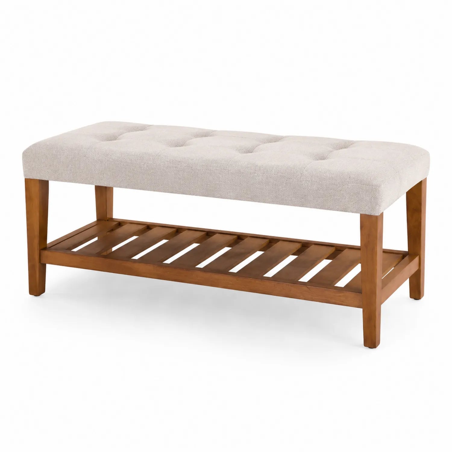 Bench in wood and beige fabric with shelf 120x40x45 cm