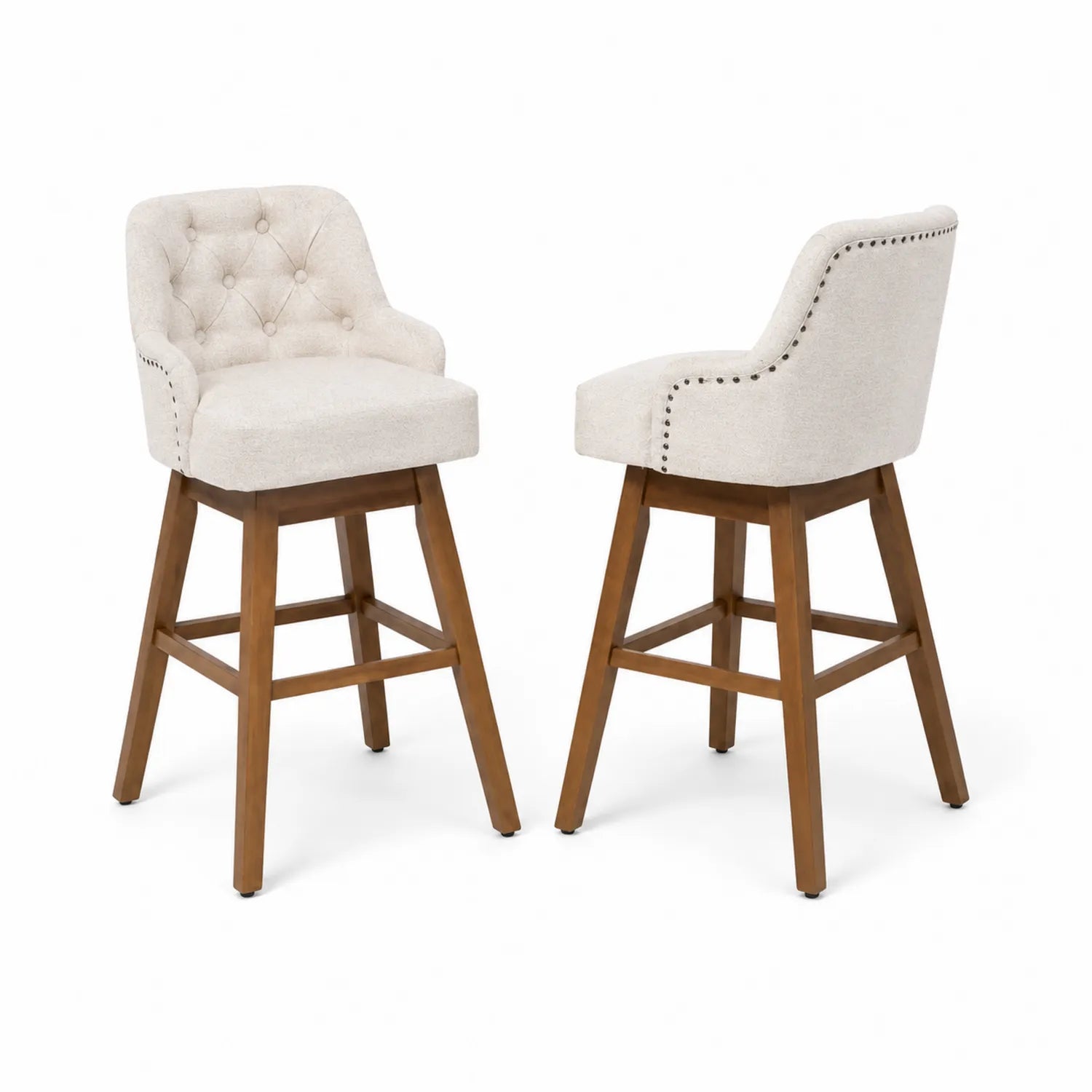 Set of 2 bar stools in wood and fabric, cream