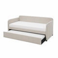 Beige fabric sofa bed with pull-out drawer