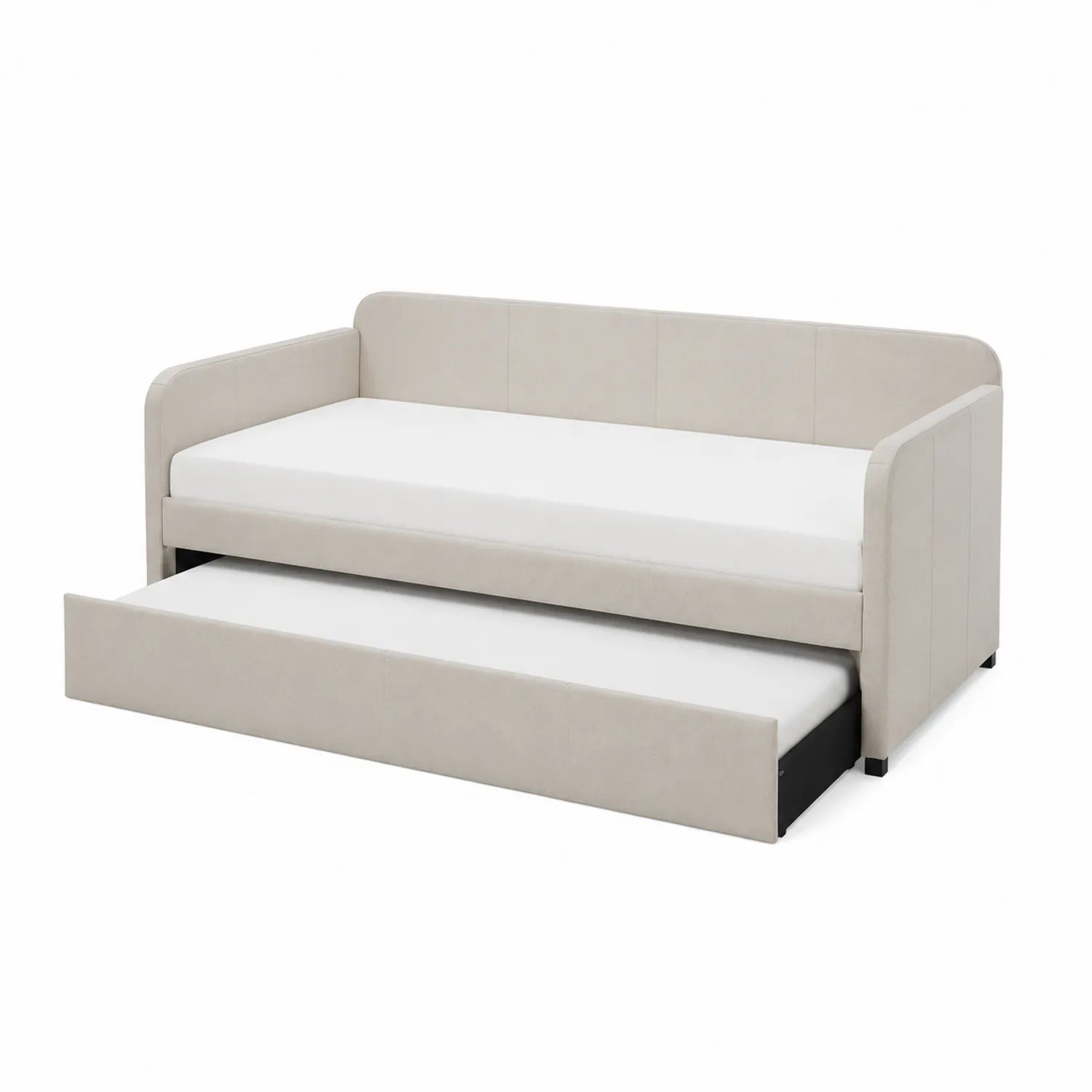 Beige fabric sofa bed with pull-out drawer