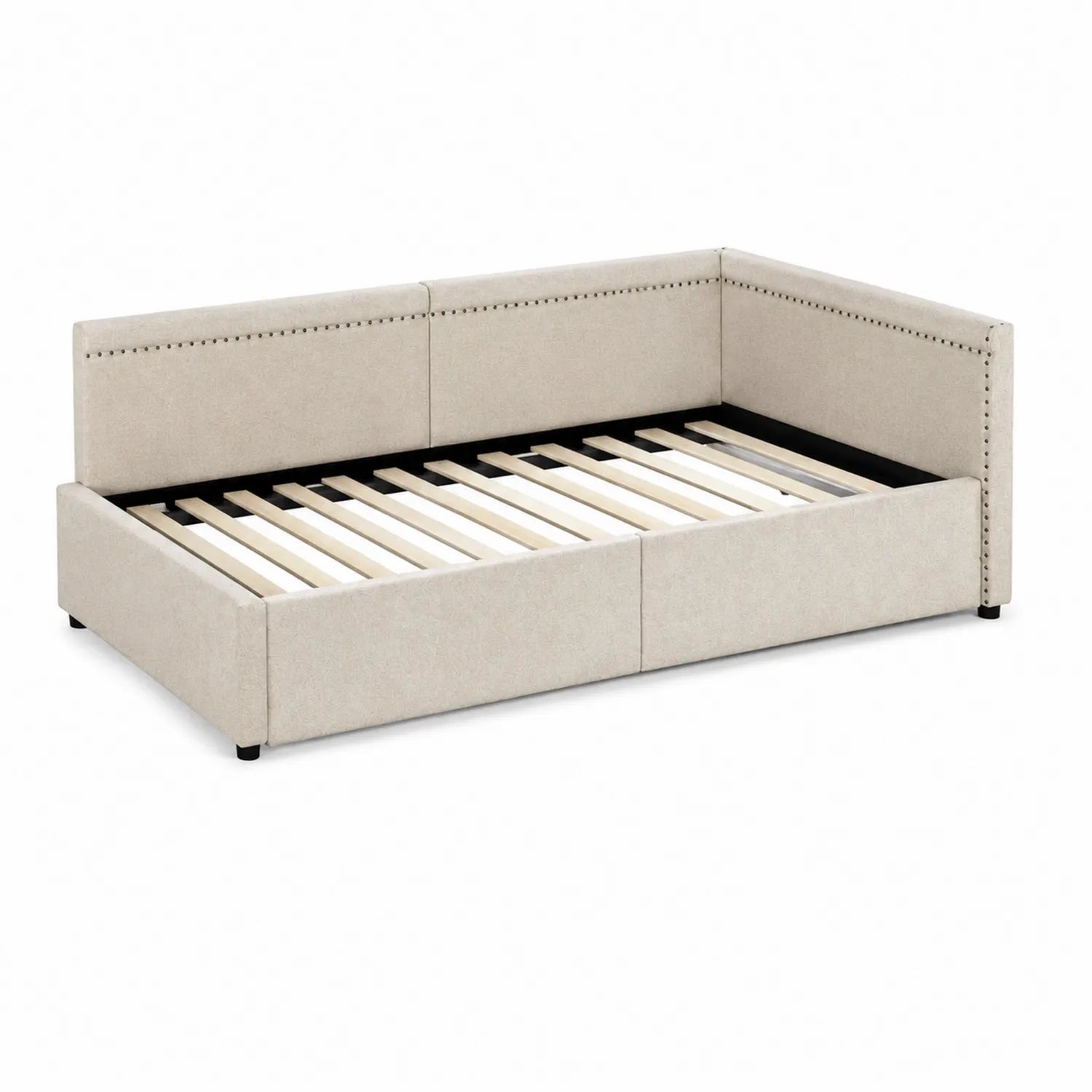 Corner bed in wood and beige fabric