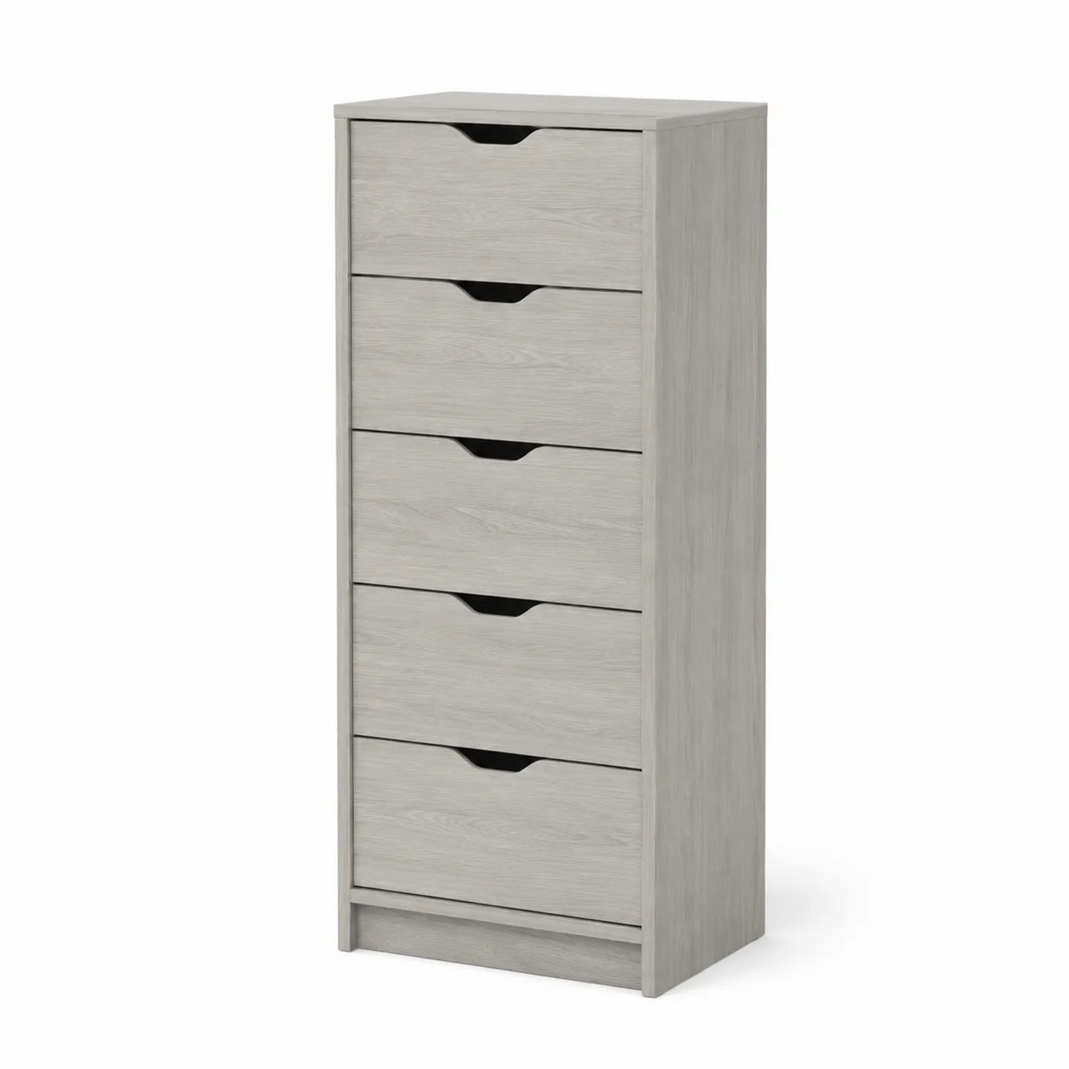 Tall dresser with 5 drawers in light grey composite wood