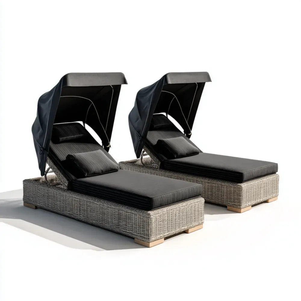 Outdoor Patio Recliner Set - Rattan Wicker 200 cm x 75 cm x 65 cm with Adjustable Canopy and Cushions - Modern Design