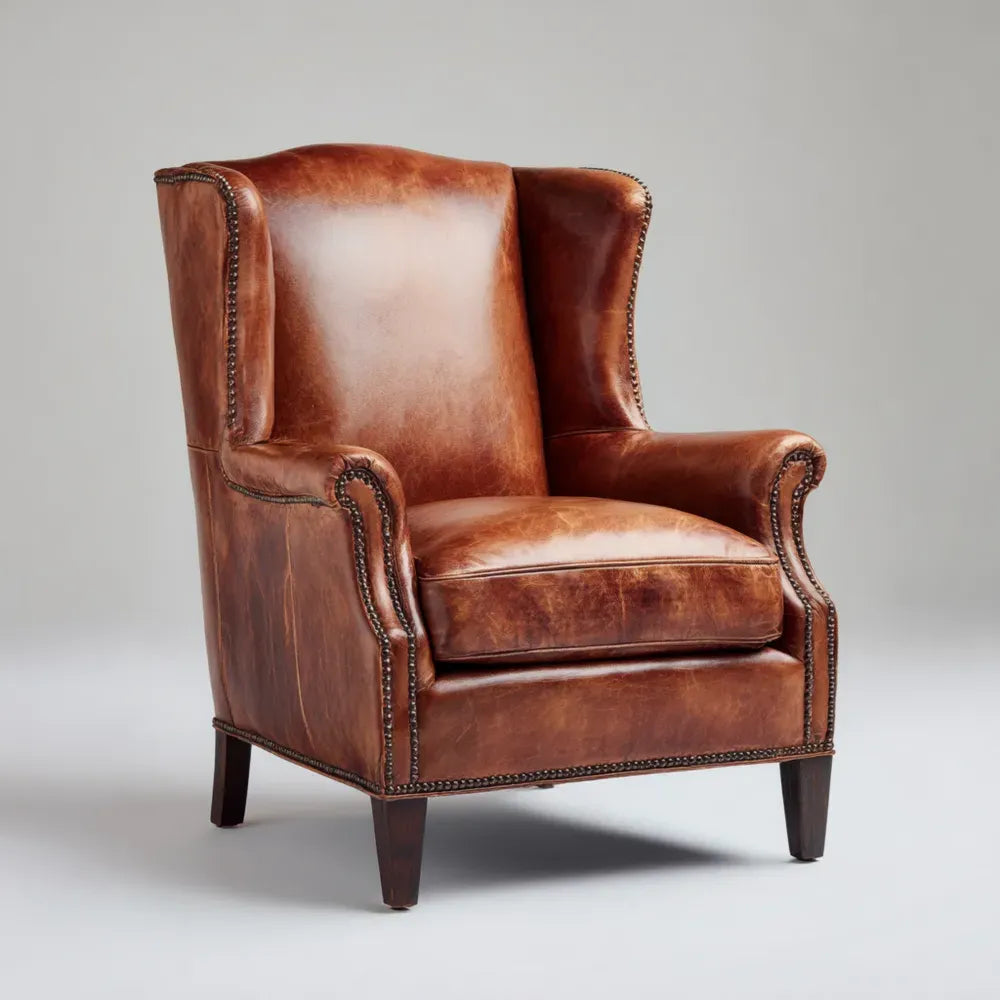 Leather Wingback Armchair - 85x90x100 cm - Brown - Vintage Style