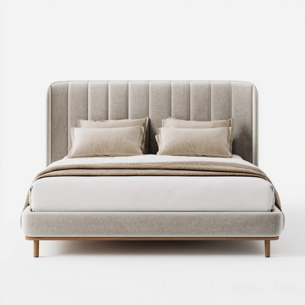 Double Bed Velvet Upholstered 200x160x100 cm - Beige - Modern Style